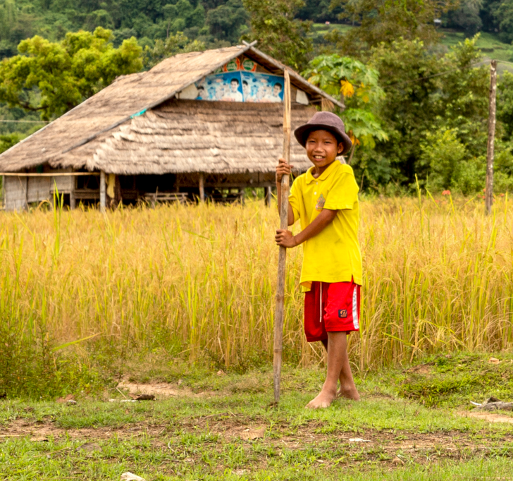 Asian boy smiling in field